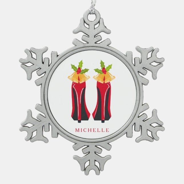 Red High Heels with Christmas Bells Snowflake Pewter Christmas Ornament (Front)