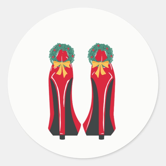 Red High Heels with Christmas Wreaths Classic Round Sticker (Front)