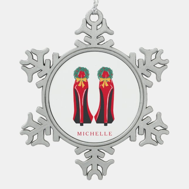 Red High Heels with Christmas Wreaths Snowflake Pewter Christmas Ornament (Front)