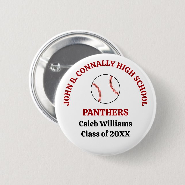 Red High School Baseball Player Personalised 6 Cm Round Badge (Front & Back)