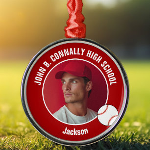 Red High School Baseball Player Photo Christmas Metal Tree Decoration