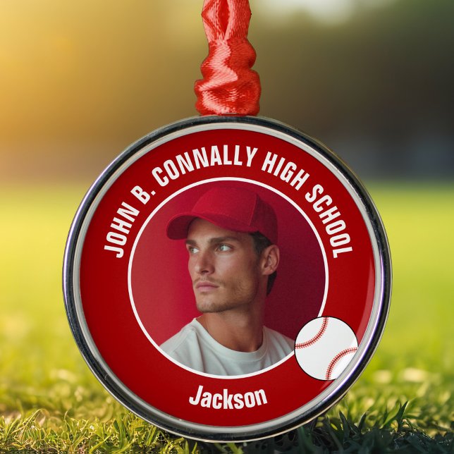 Red High School Baseball Player Photo Christmas Metal Tree Decoration (Creator Uploaded)
