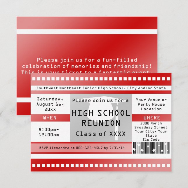 Red High School Class Reuinion Admission Ticket Invitation (Front/Back)