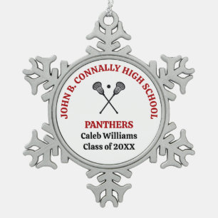 Red High School Lacrosse Team Personalised Snowflake Pewter Christmas Ornament