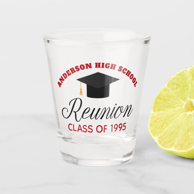 Red High School Reunion Party Custom Alumni Shot Glass (Front)