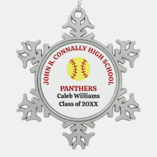 Red High School Softball Player Personalised Snowflake Pewter Christmas Ornament