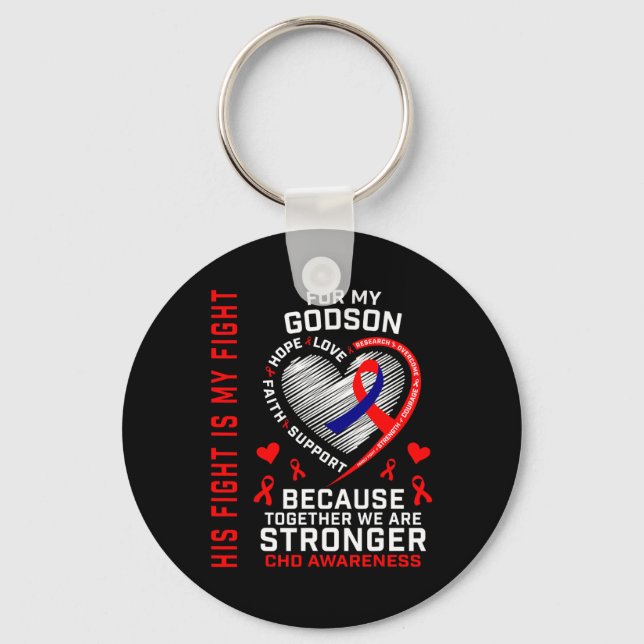 Red His Fight Is My Fight Godson Chd Awareness Hea Key Ring (Front)