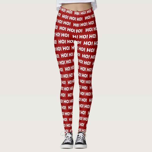 Red HO! HO! HO! Christmas Typography Pattern Leggings (Front)