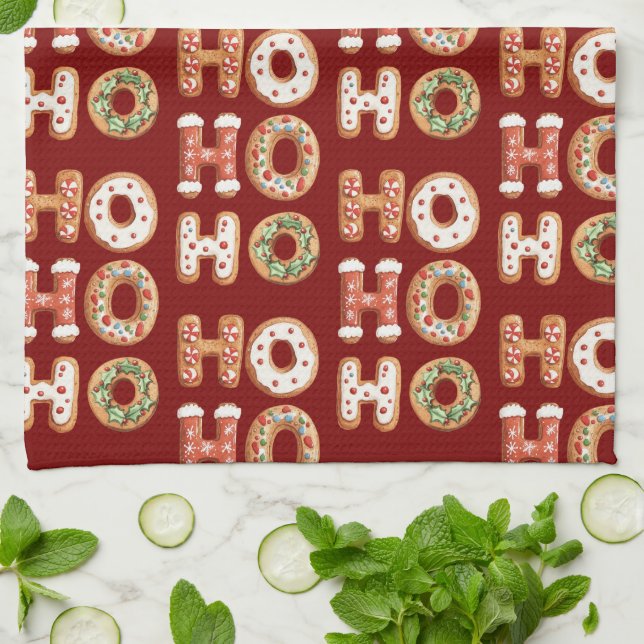 Red Ho Ho Ho Gingerbread Cookie Christmas Tea Towel (Folded)