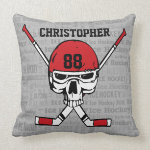 Red Hockey Skull Helmet and Sticks Typography Cushion