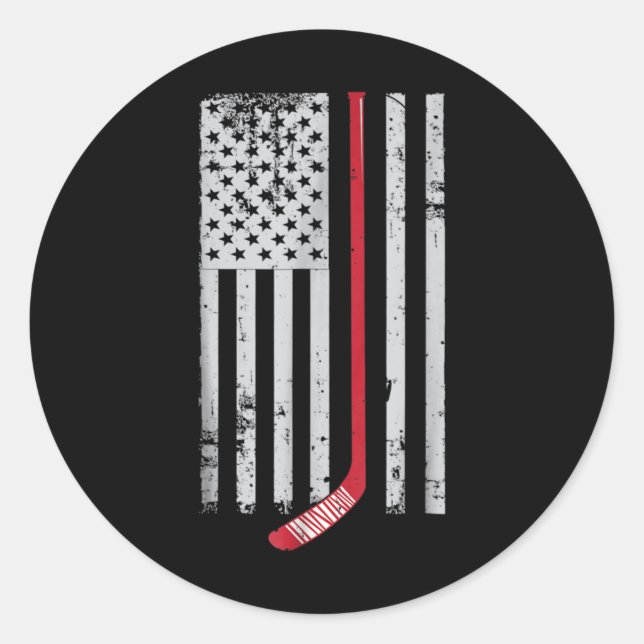 Red Hockey Stick American Flag USA Hockey Classic Round Sticker (Front)