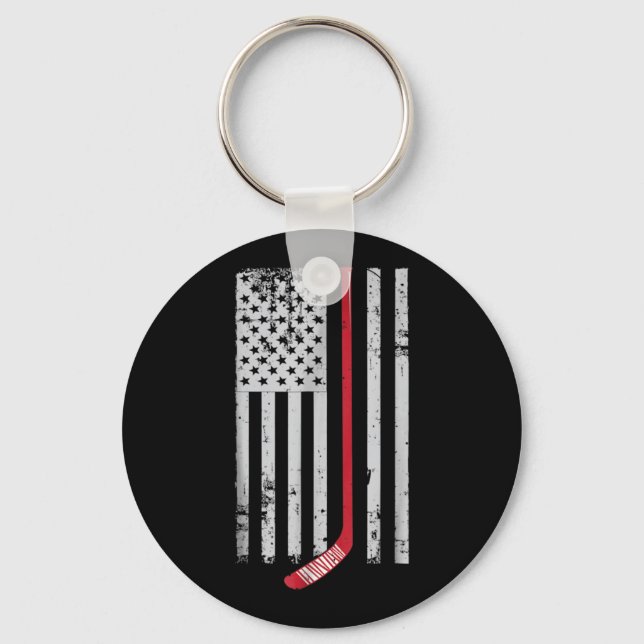 Red Hockey Stick American Flag USA Hockey Key Ring (Front)
