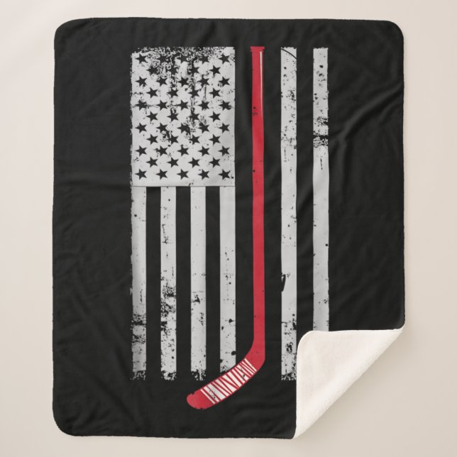 Red Hockey Stick American Flag USA Hockey Sherpa Blanket (Front)