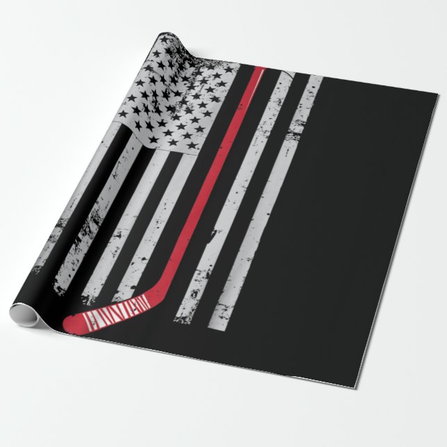 Red Hockey Stick American Flag USA Hockey Wrapping Paper (Unrolled)
