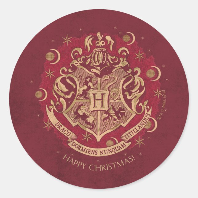 Red HOGWARTS™ Crest Holiday Wreath Classic Round Sticker (Front)