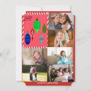 Red Holiday 6 Photo Collage with Ornaments Card