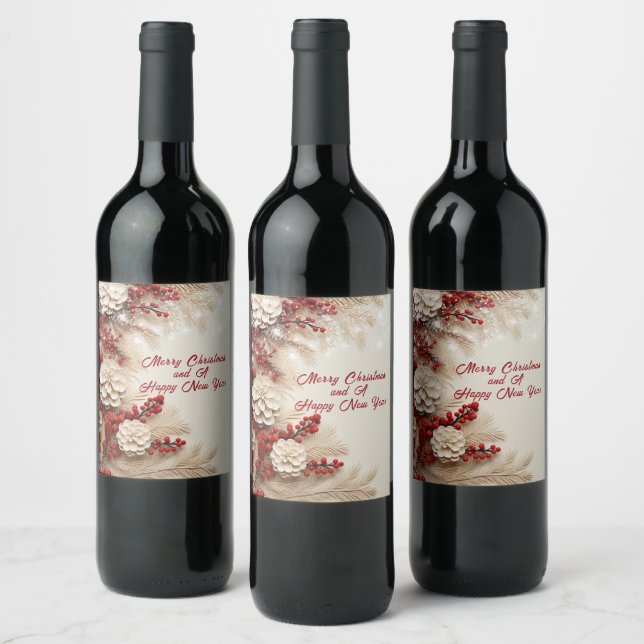  Red Holiday Berries White Pinecones Gold Branch  Wine Label (Bottles)