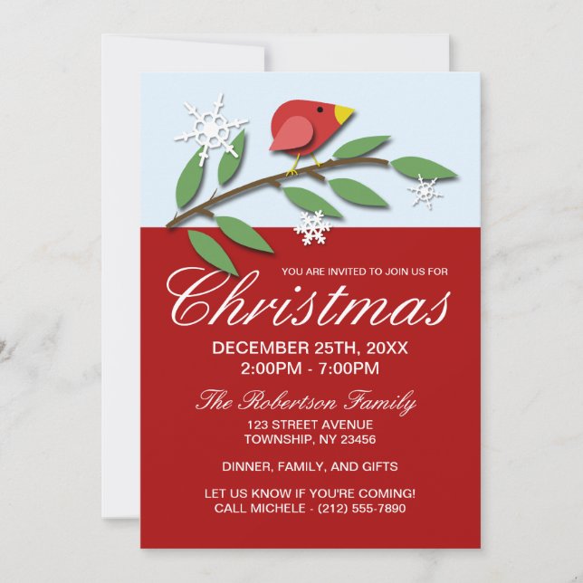 Red Holiday Bird Christmas Invitations (Front)