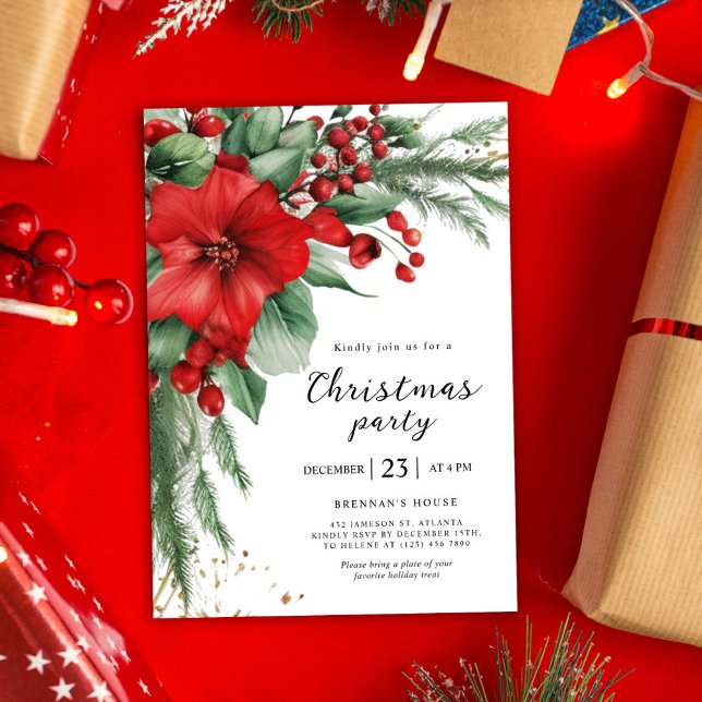 Red Holiday Botanical Christmas Party Invitation (Red Holiday Botanical Christmas Party Invitation)