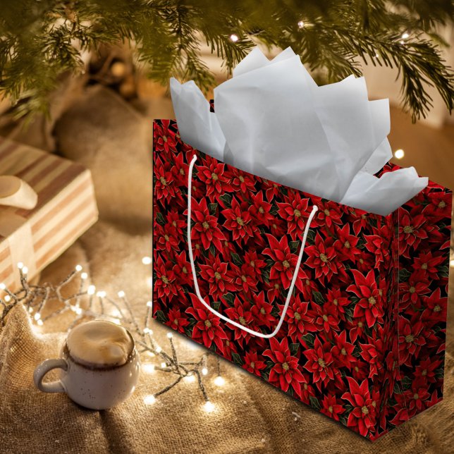 Red Holiday Christmas Poinsettia Pattern Large Gift Bag (Creator Uploaded)