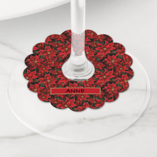 Red Holiday Christmas Poinsettia Pattern Wine Glass Tag