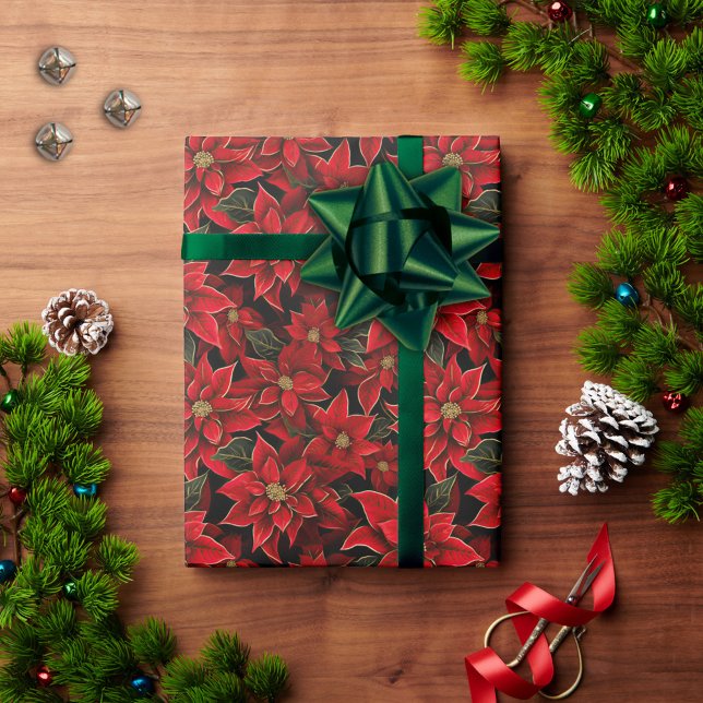 Red Holiday Christmas Poinsettia Pattern Wrapping Paper (Creator Uploaded)