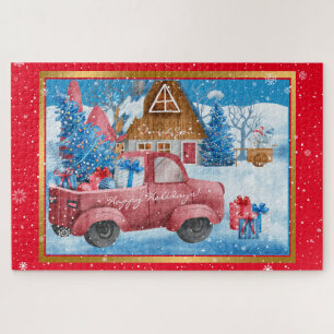 Red Holiday Christmas Truck Customise Jigsaw Puzzle