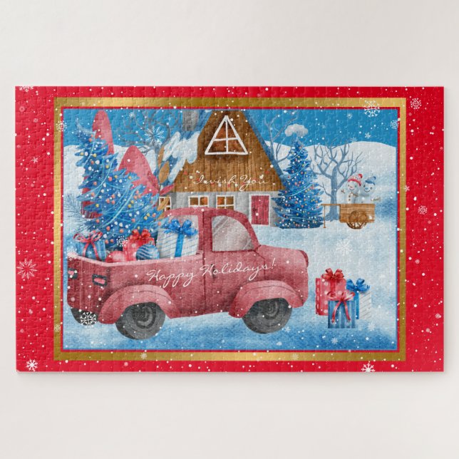 Red Holiday Christmas Truck Customise Jigsaw Puzzle (Horizontal)