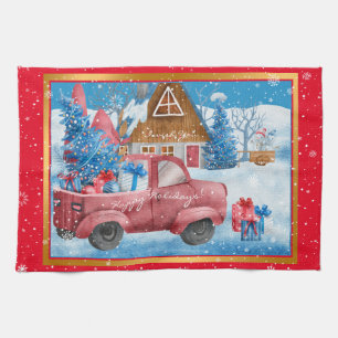 Red Holiday Christmas Truck Customise Tea Towel