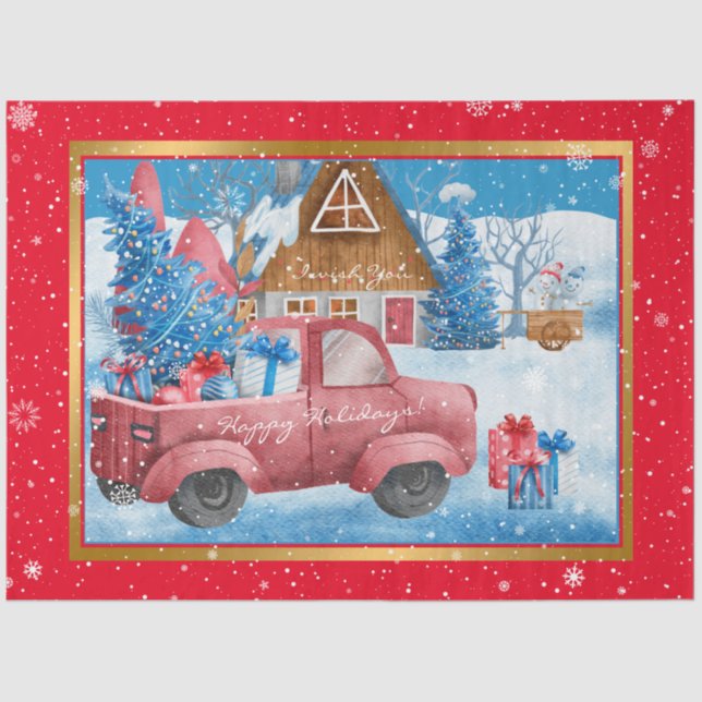 Red Holiday Christmas Truck Customise Tissue Paper (Front)