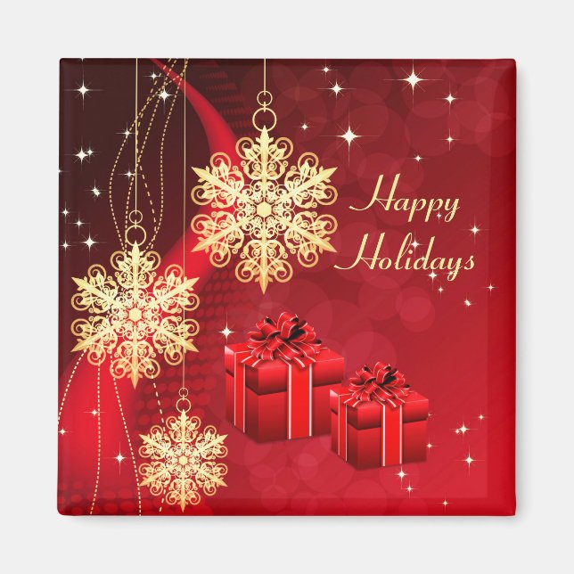 Red Holiday Gold Snowflakes Christmas Magnet (Front)