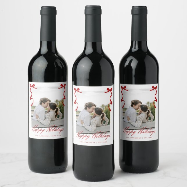 Red Holiday Hand Drawn Whimsical Bows Wine Label (Bottles)