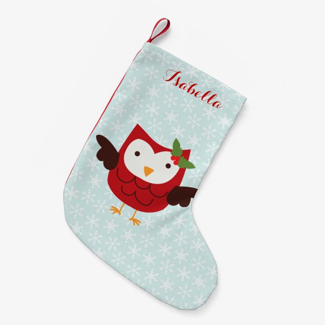 Red Holiday Owl Personalised Small Christmas Stocking (Front (Hanging))