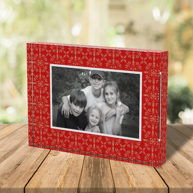 Red Holiday Pattern Custom Photo Block (Red snowflake pattern photo block)