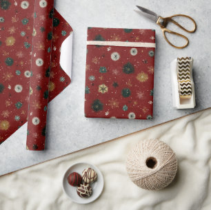 Red Holiday Pattern with Snowflakes Wrapping Paper