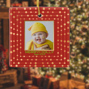 Red holiday photo modern merry Ceramic Ornament