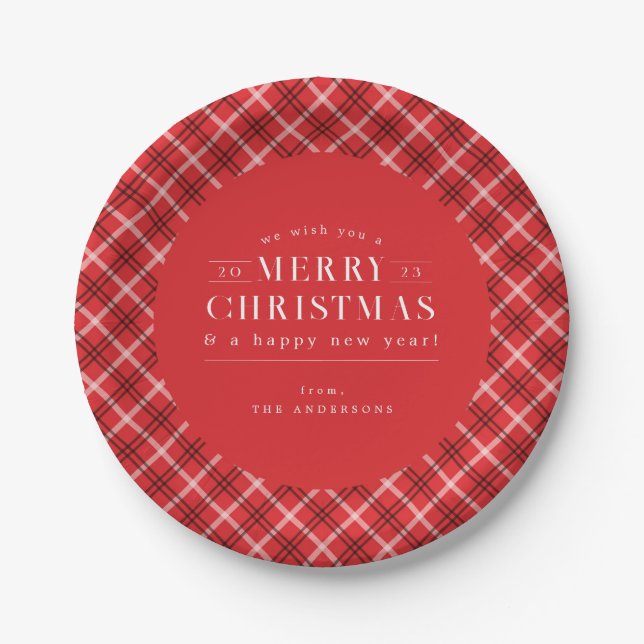 Red Holiday Plaid Christmas Paper Plate (Front)