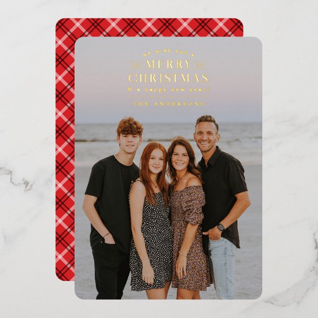 Red Holiday Plaid Photo Foil Christmas Card (Front/Back)