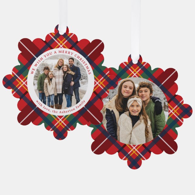 Red holiday plaid simple two photo Merry Christmas Tree Decoration Card (Front/Back)