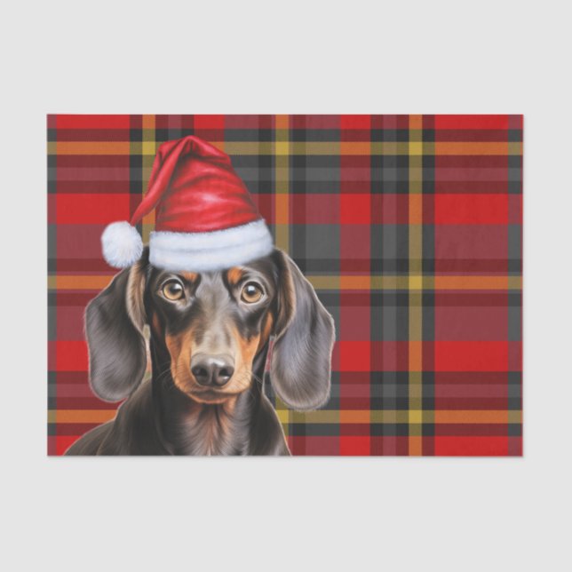 Red Holiday Plaid Smooth Coat Dachshund Christmas Tissue Paper (Front)