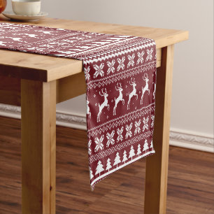 Red Holiday Reindeer Christmas Sweater Pattern Short Table Runner