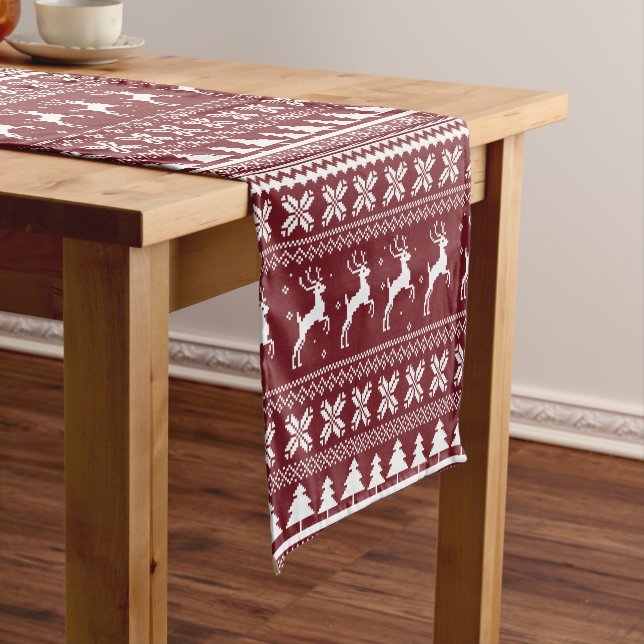 Red Holiday Reindeer Christmas Sweater Pattern Short Table Runner (In Situ)