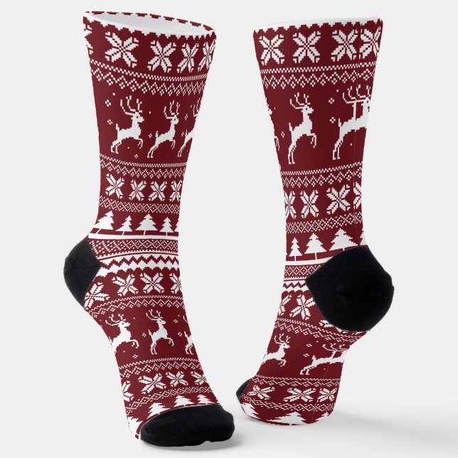 Red Holiday Reindeer Christmas Sweater Pattern Socks (Angled)