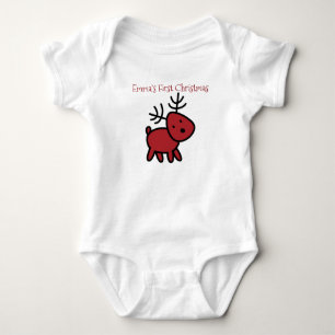Red Holiday Reindeer Illustration First Christmas Baby Bodysuit