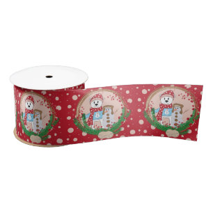 Red Holiday Ribbon Pink Dots Polar Bear n Snowman  Satin Ribbon