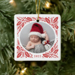 Red Holly 2 Photo with Year Christmas Ceramic Ornament<br><div class="desc">Custom photo ornament with hand-drawn winter foliage.</div>