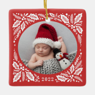 Red Holly 2 Photo with Year Christmas Ceramic Ornament