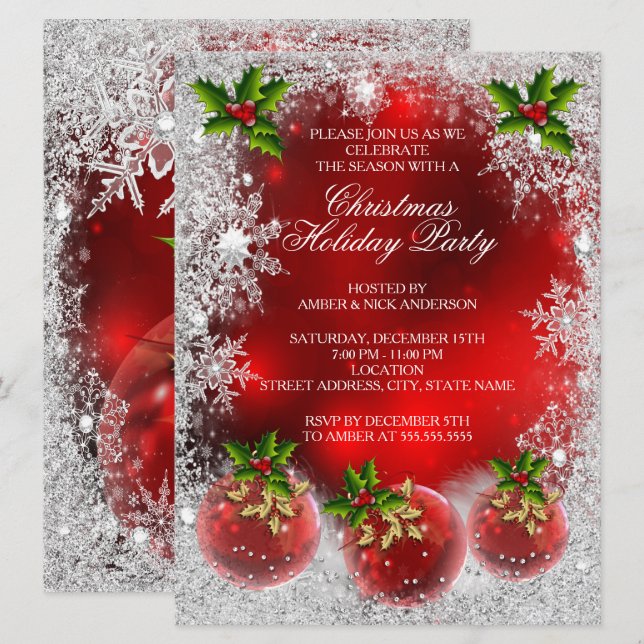 Red Holly Bauble Christmas Holiday Party Snowflake Invitation (Front/Back)