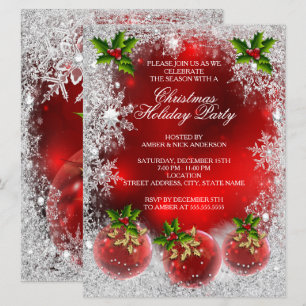 Red Holly Bauble Christmas Holiday Party Snowflake Invitation
