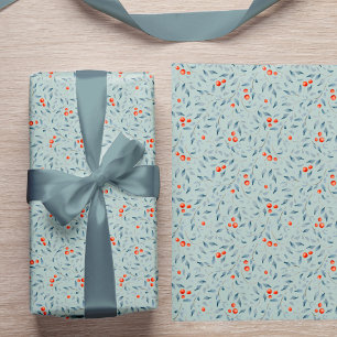Red Holly Berries and Foliage Blue MInt Christmas Wrapping Paper